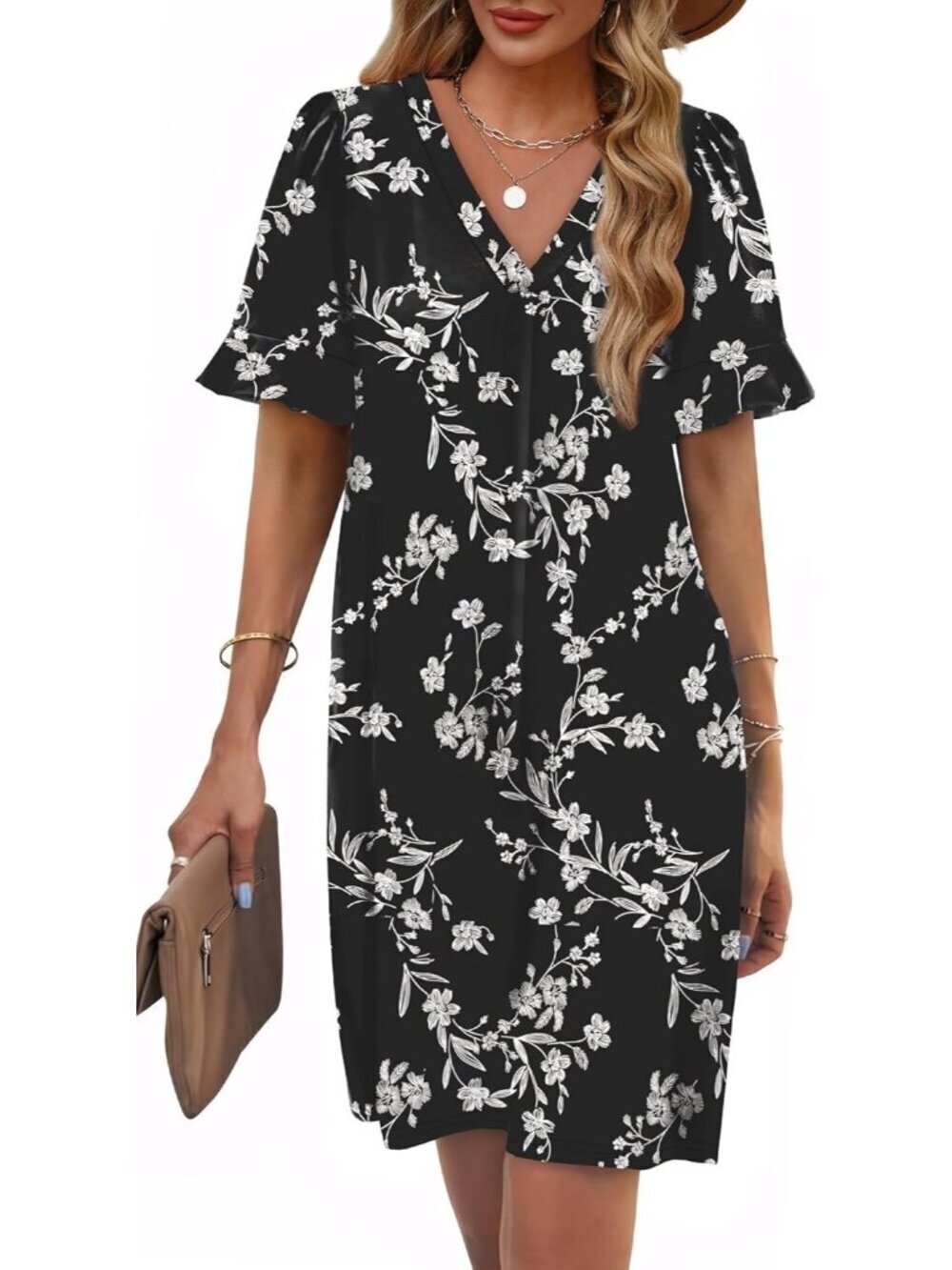 Women's Pattern Black Ruffle Short Sleeve V Neck Casual Shift Mini Dress - Picture 2 of 5